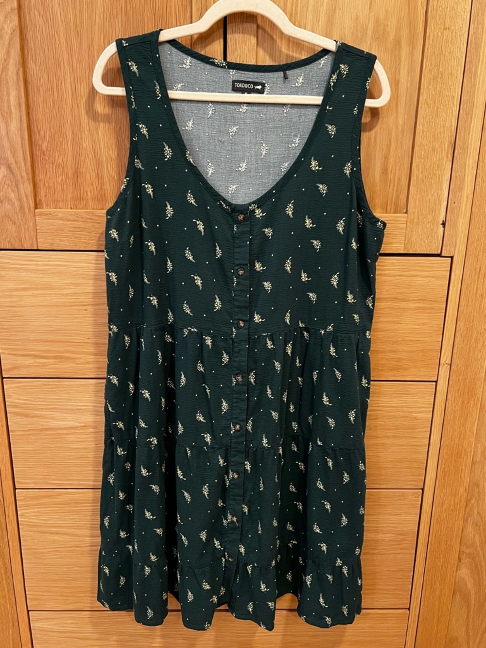 Toad & Co Scoop Neck Tiered Floral Mini Dress Dark Green Size XL Beach Boho